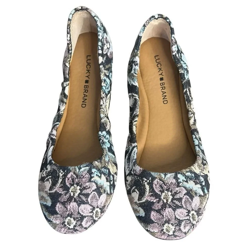 Lucky Brand Emmie Floral Ballet Flats size 7.5M Shady Spruce Scala Rose Shoes